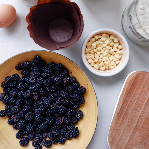 BLACKBERRY & WHITE CHOCOLATE BUCKWHEAT MUFFINS - Fawn Interior Designers Hampshire, Surrey, Sussex, London, Cotswolds