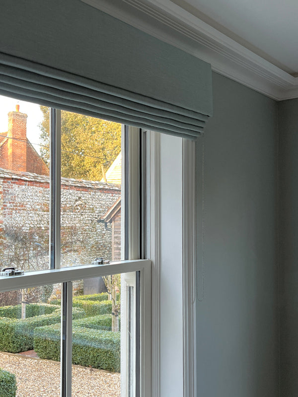 Andover - lovely blinds with pelmets just installed. A soothing palette which will be the backdrop to punchy cobalt blue sofas