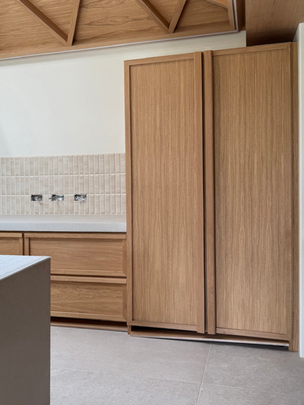 Maidstone - our bespoke designed-and-made oak kitchen  and ceiling is looking beautiful against the concrete and handmade tiles