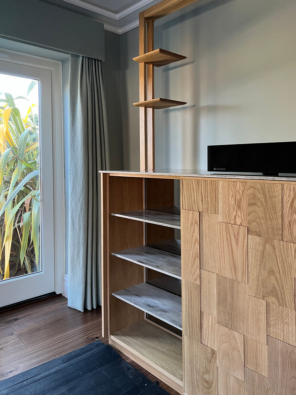 Andover - celebrating all the natural materials: oak, walnut and linen. Media unit by Fusion by Fawn, our joinery arm..